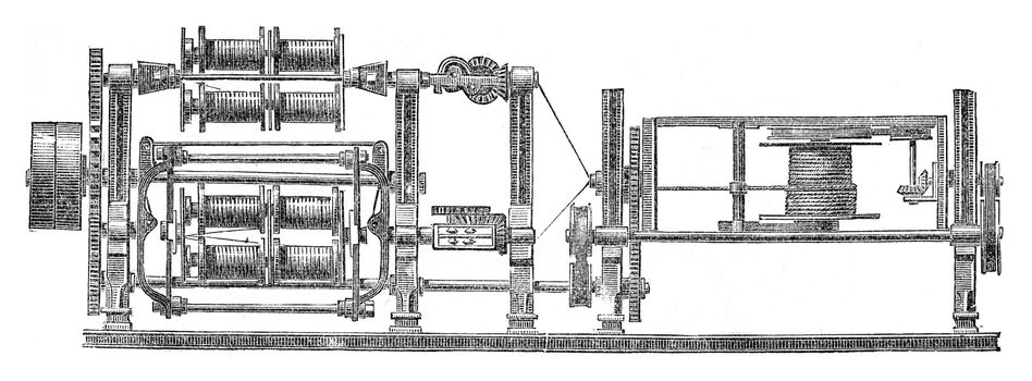 Machine manufacture the cables in one go, vintage engraved illustration. Industrial encyclopedia E.-O. Lami - 1875.
