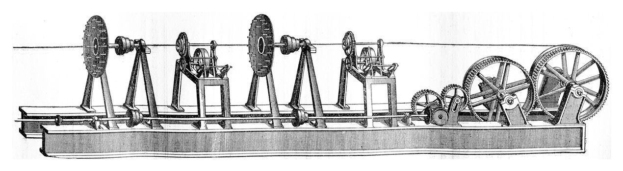 Machine put the rope and coated, vintage engraved illustration. Industrial encyclopedia E.-O. Lami - 1875.
