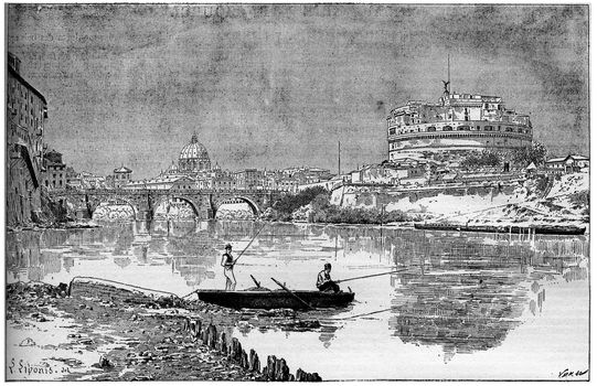 Old engraved illustration of a beautiful view of the ancient Adrian Mole, today known as St. Angel Castle in Rome from the river Tiber. Dictionary of words and things - Larive and Fleury ? 1895