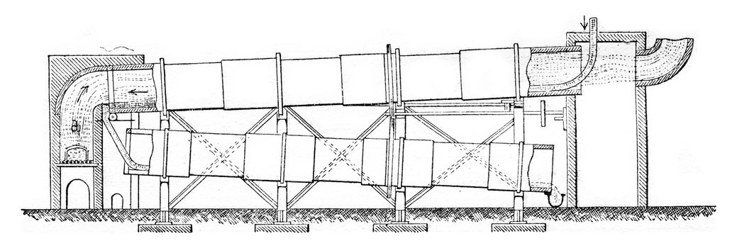 Manufacture of alumina, Rotary kiln for the calcination of bauxite, vintage engraved illustration. Industrial encyclopedia E.-O. Lami - 1875.
