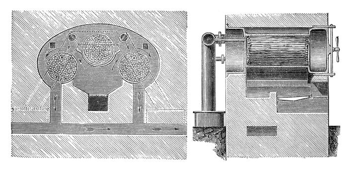 Fig.586. Cross section, Fig.587. Longitudinal section, vintage engraved illustration. Industrial encyclopedia E.-O. Lami - 1875.
