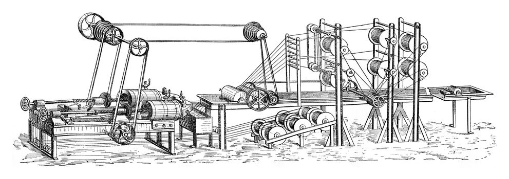 Machine cover of gutta percha, vintage engraved illustration. Industrial encyclopedia E.-O. Lami - 1875.
