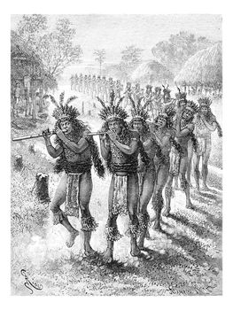 Native Music and Dance in Oiapoque, Brazil, drawing by Riou from a sketch by Dr. Crevaux, vintage engraved illustration. Le Tour du Monde, Travel Journal, 1880