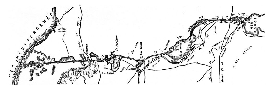 Map of the Suez Canal, vintage engraved illustration. Industrial encyclopedia E.-O. Lami - 1875.
