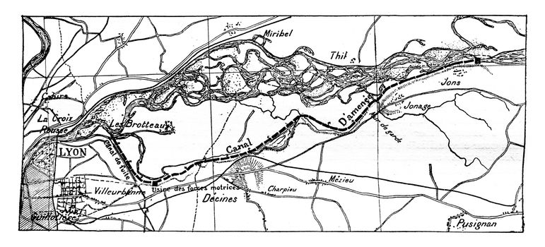 General Map Jonage canal, vintage engraved illustration. Industrial encyclopedia E.-O. Lami - 1875.
