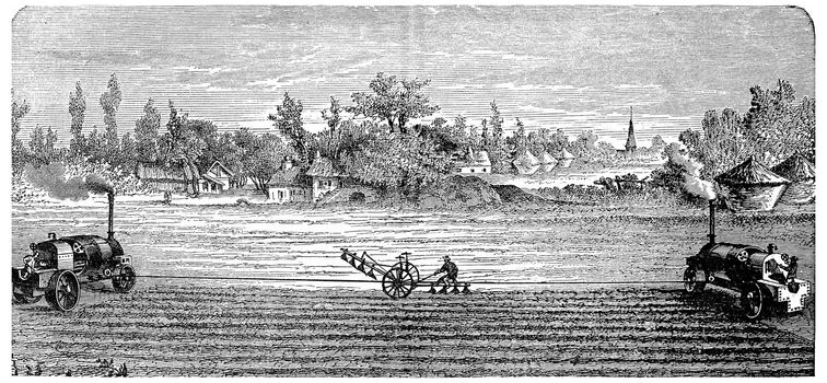 Steam Ploughing, vintage engraved illustration. Industrial encyclopedia E.-O. Lami - 1875.
