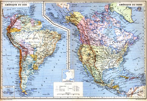 The map of North America with names of cities on it.