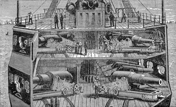 Section of a battleship with two batteries and reduces central, vintage engraved illustration. Industrial encyclopedia E.-O. Lami - 1875.
