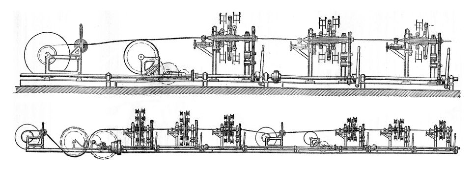 Stranding machine wire 37 and wire 127, vintage engraved illustration. Industrial encyclopedia E.-O. Lami - 1875.
