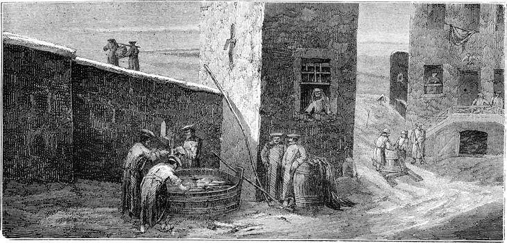 Soldiers stationed at the well (Riga), vintage engraved illustration. Le Tour du Monde, Travel Journal, (1865).