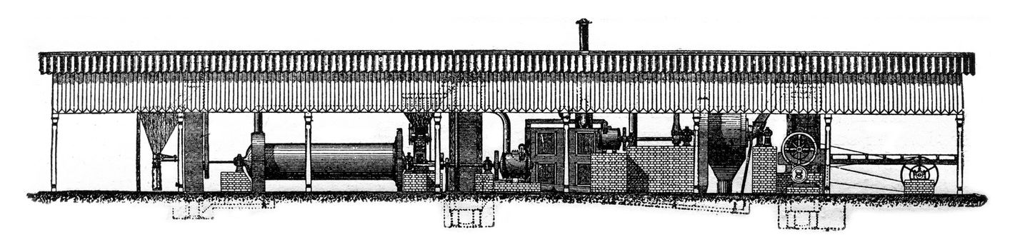 Smidt grinding plant, vintage engraved illustration. Industrial encyclopedia E.-O. Lami - 1875.
