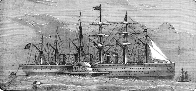 The Great-Eastern reeling off the telegraph cable, vintage engraved illustration. Industrial encyclopedia E.-O. Lami - 1875.
