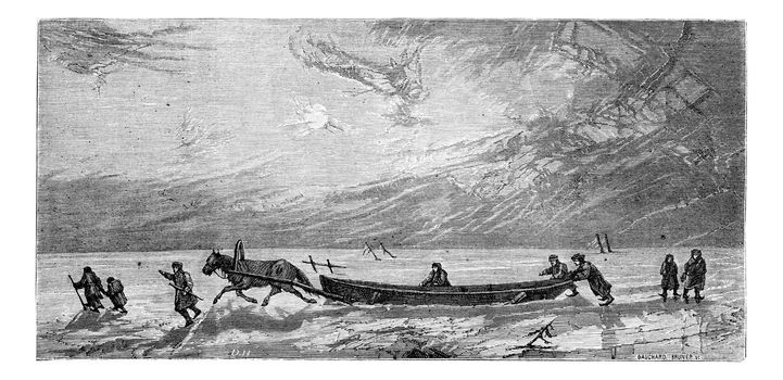 Dragging a boat on the ice of Düna, vintage engraving. Le Tour du Monde, Travel Journal, (1865).