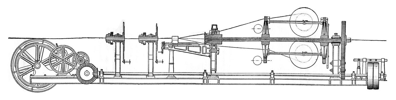Stranding machine, vintage engraved illustration. Industrial encyclopedia E.-O. Lami - 1875.
