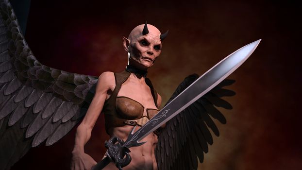 Horned female demon with sword posing over red dark background - 3d rendering
