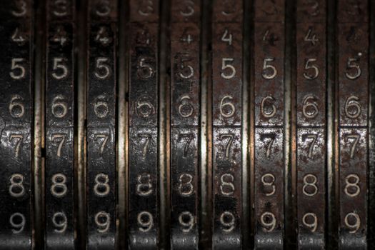 Closeup of an old vintage cash register with lots of numbers