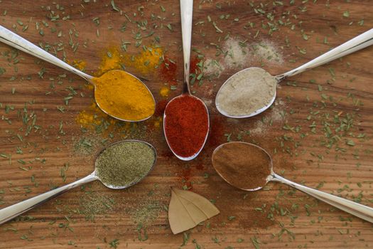 Various colorful spices arranged on spoons  with wooden background