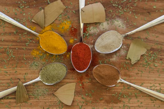 Various colorful spices arranged on spoons  with wooden background