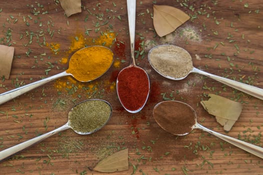 Various colorful spices arranged on spoons  with wooden background