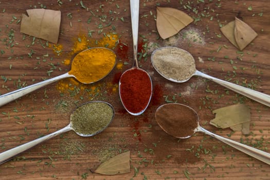 Various colorful spices arranged on spoons  with wooden background