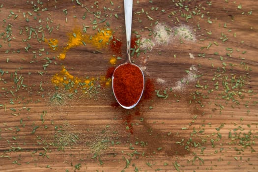 Red paprika spice on a spoon with wooden background