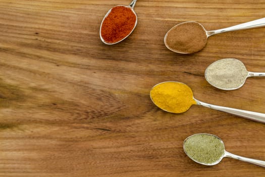 Various colorful spices arranged on spoons  with wooden background