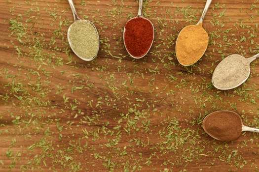 Various colorful spices arranged on spoons  with wooden background