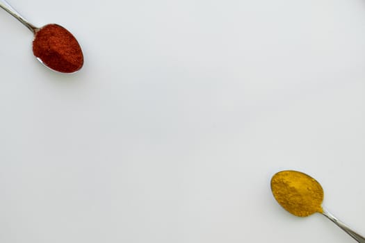 Various colorful spices arranged on spoons  with a white background