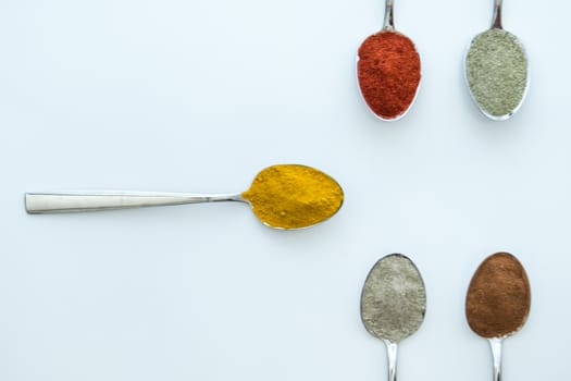 Various colorful spices arranged on spoons  with a white background