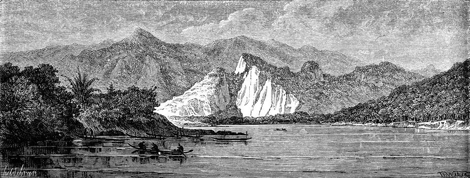 View of the river before reaching the Nam Hou, vintage engraved illustration. Le Tour du Monde, Travel Journal, (1872).
