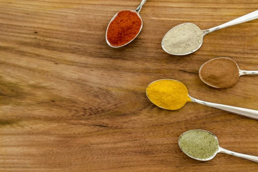 Various colorful spices arranged on spoons  with wooden background