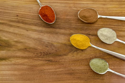 Various colorful spices arranged on spoons  with wooden background