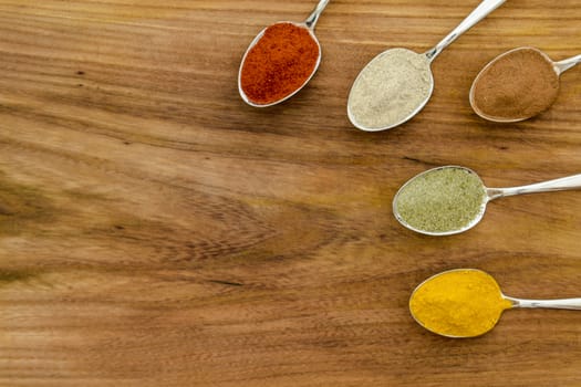 Various colorful spices arranged on spoons  with wooden background