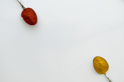 Various colorful spices arranged on spoons  with a white background