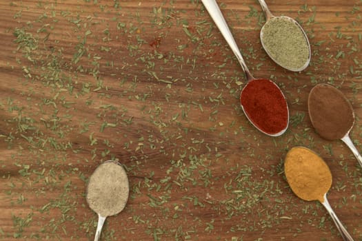 Various colorful spices arranged on spoons  with wooden background