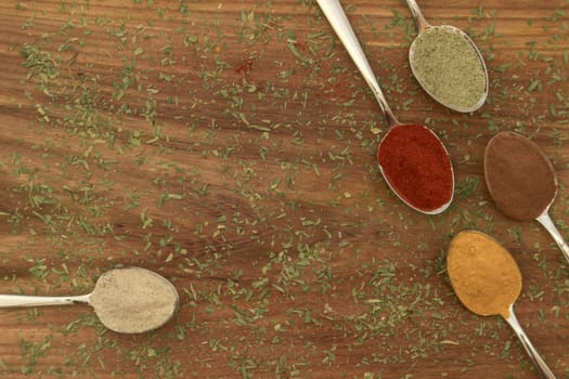 Various colorful spices arranged on spoons  with wooden background