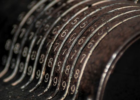 Closeup of an old vintage cash register with lots of numbers