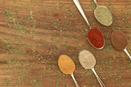 Various colorful spices arranged on spoons  with wooden background