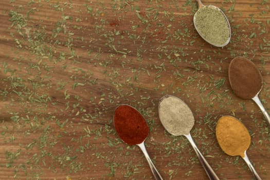 Various colorful spices arranged on spoons  with wooden background