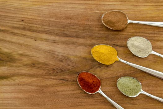 Various colorful spices arranged on spoons  with wooden background