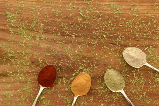 Various colorful spices arranged on spoons  with wooden background