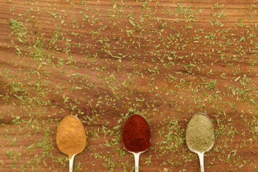 Various colorful spices arranged on spoons  with wooden background