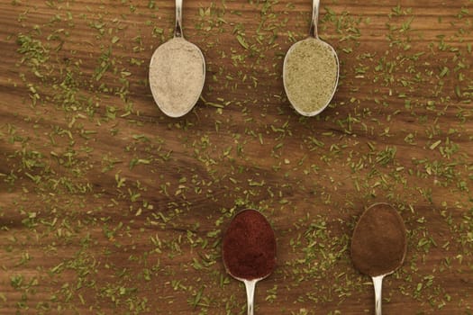 Various colorful spices arranged on spoons  with wooden background