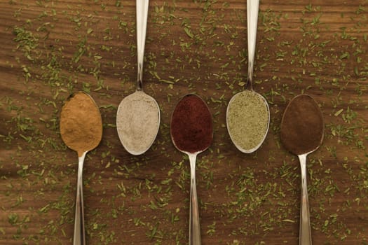 Various colorful spices arranged on spoons  with wooden background