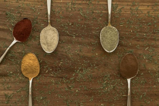 Various colorful spices arranged on spoons  with wooden background