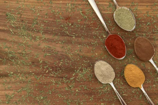 Various colorful spices arranged on spoons  with wooden background