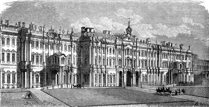 The Winter Palace in Saint Petersburg, vintage engraved illustration. Le Tour du Monde, Travel Journal, (1872).
