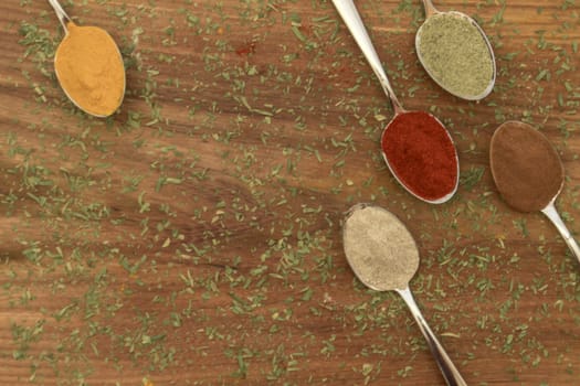 Various colorful spices arranged on spoons  with wooden background