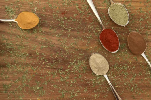 Various colorful spices arranged on spoons  with wooden background