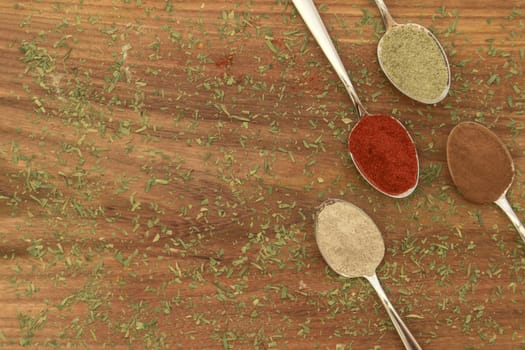 Various colorful spices arranged on spoons  with wooden background